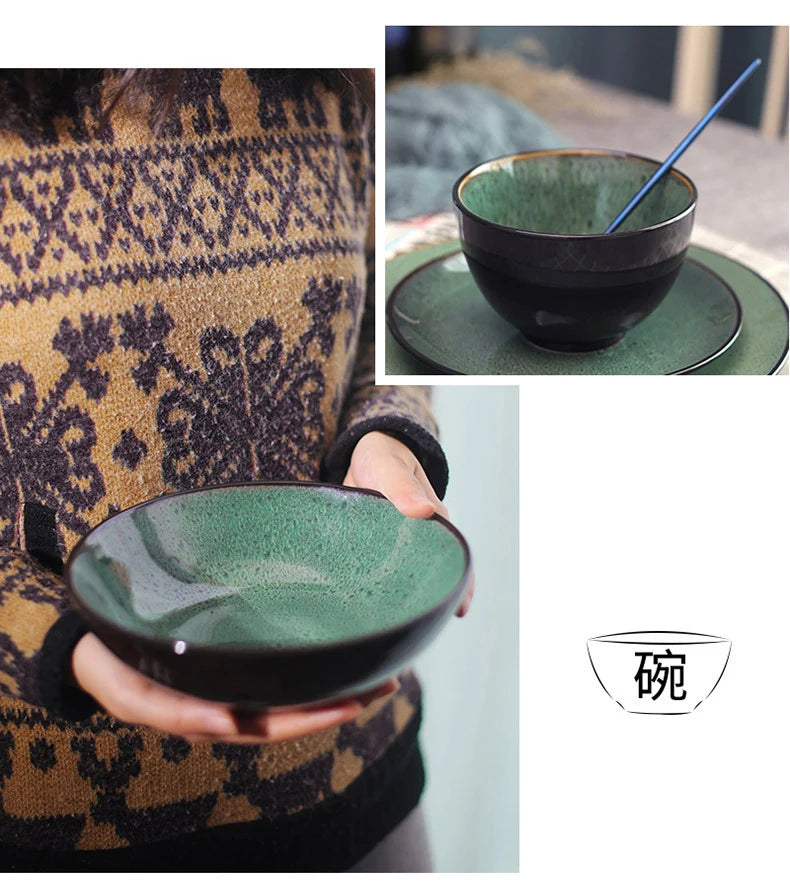 Malachite Green Ceramic Plates And Bowls Set Eco Friendly Porcelain Dinner Cutlery Set Kitchen Dish Plate Spoon Accessories