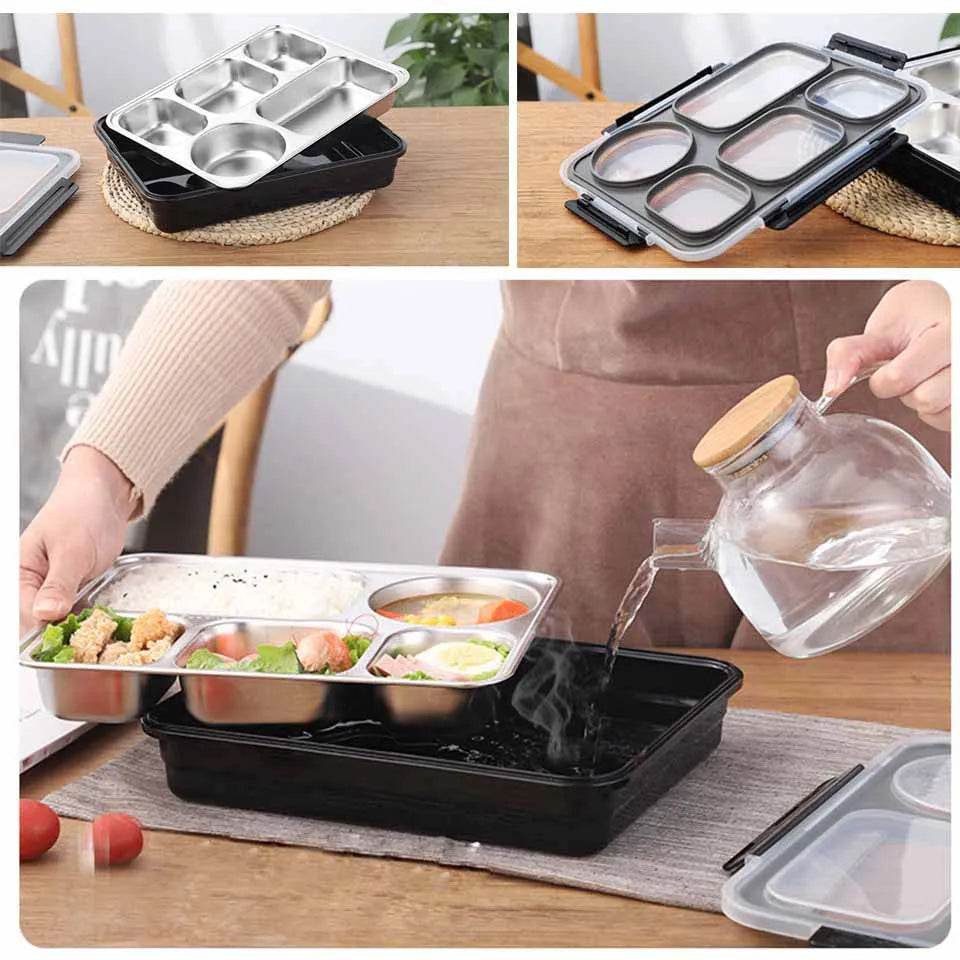 BOZZH Stainless Steel Lunch Box Bento Box For Kids 5 Microwave Plastic Food Container With Compartment Leak-Proof Food Box - AIAZ