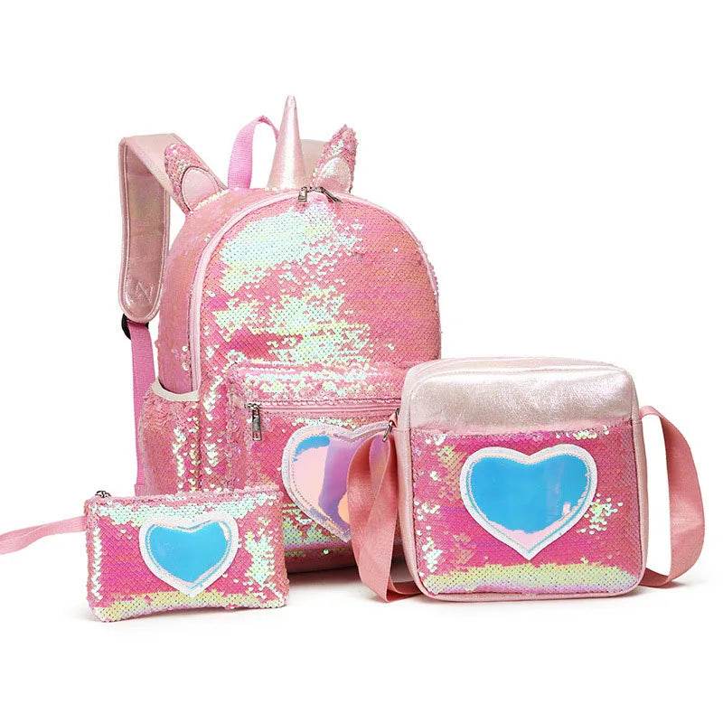 3pcs/set Sequins Unicorn Backpack Fashion Girl Glitter School Book Bag Girls Cute Hologram Laser PU Leather Travel Backpacks - AIAZ