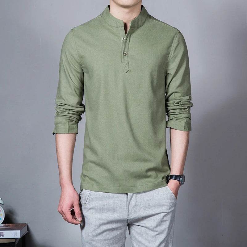 Men's Clothing Men Spring Tops & Tees Male Fashion T-Shirts Stand Collar Long-sleeved Slim Base Shirt Homme Linen t-shirt - AIAZ