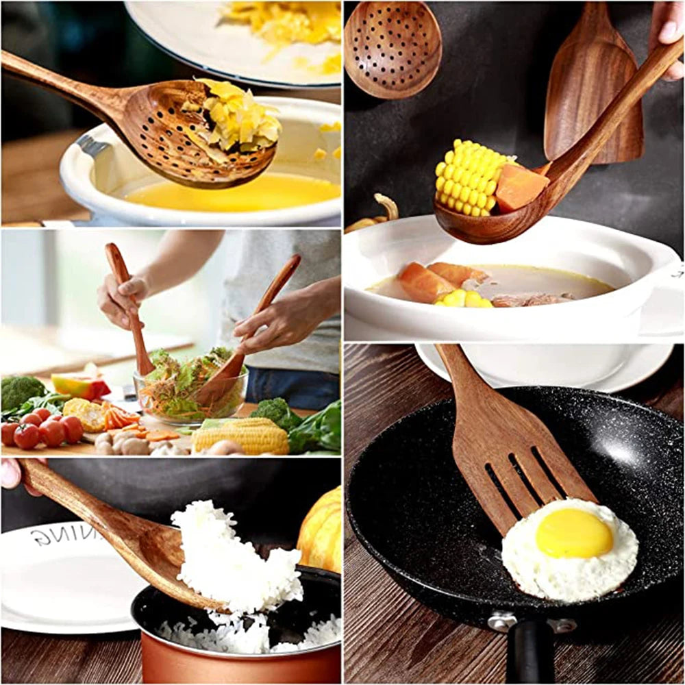 Thailand Teak Natural Wood Tableware Spoon Ladle Turner Long Rice Colander Soup Skimmer Cooking Spoons Scoop Kitchen Tool Set