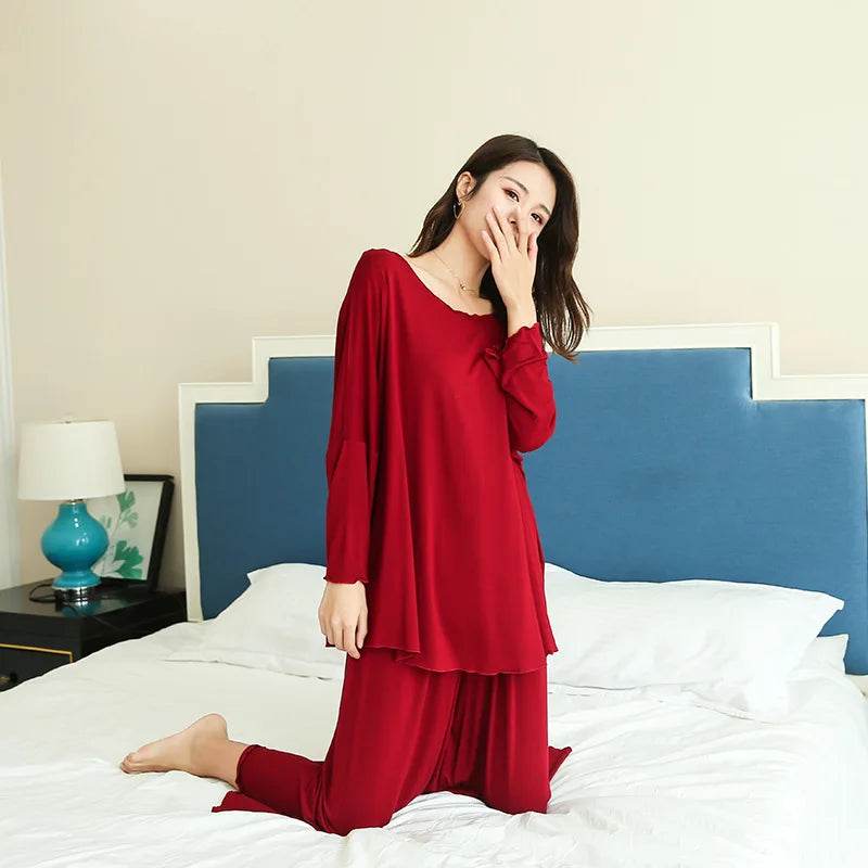 PLUS size home suits women autumn new loose long-sleeved pajamas two-piece set nine-point wide leg pants pijama sleepwear femme - AIAZ