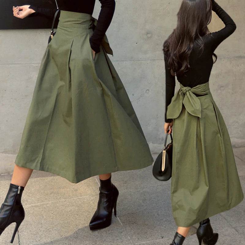 Shintimes Skirts Womens 2024 Korean Fashion Solid Color Big Swing Women Skirt Long Skirt Autumn Wild High Waist Bow Slim Skirts - AIAZ
