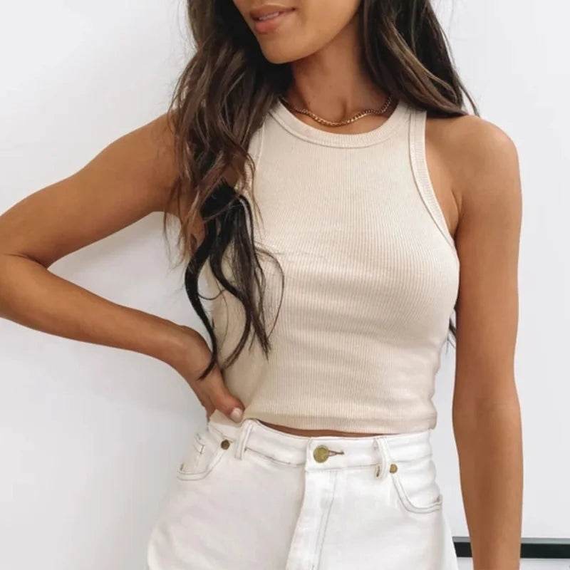 Ribbed Tank Top Women White 2024 Summer Casual Fitness Short Vest Candy Colors Knitted Off Shoulder Sexy Crop Top Women - AIAZ