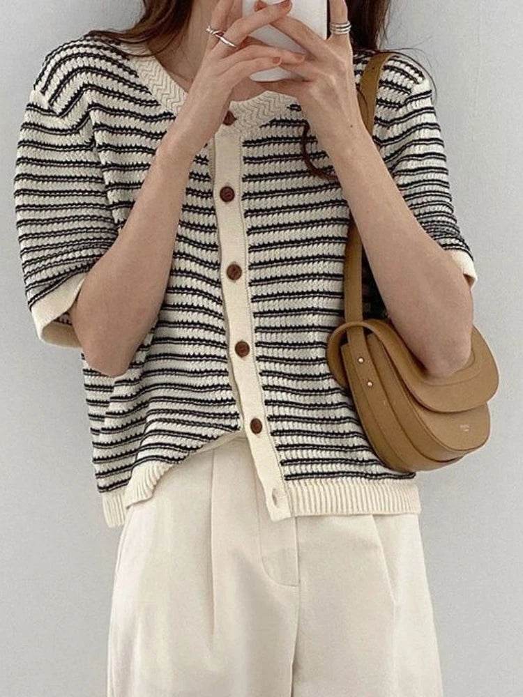 Cardigan Women Summer Breathable Elegant Striped Trendy New Single Breasted Short Sleeve Knitted Jumpers Female O-neck Tender BF - AIAZ