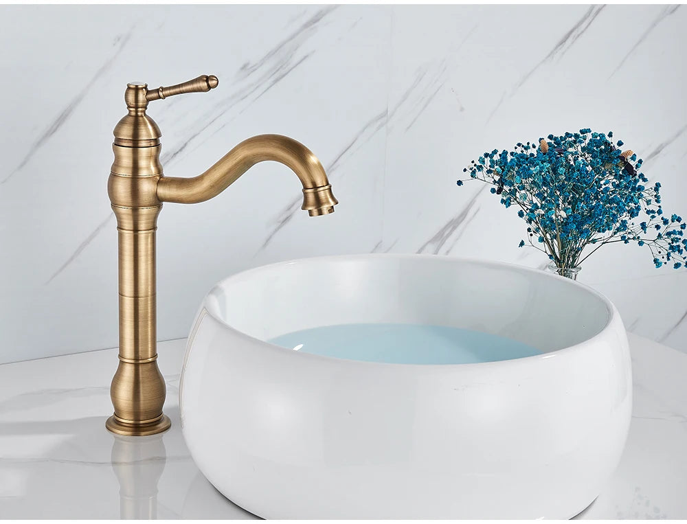 POIQIHY Antique Brass Basin Vessel Sink Faucet Deck Mounted One Hole Cold Hot Water Cold Hot Mixer Tap Bathroom Faucet  1 Hole