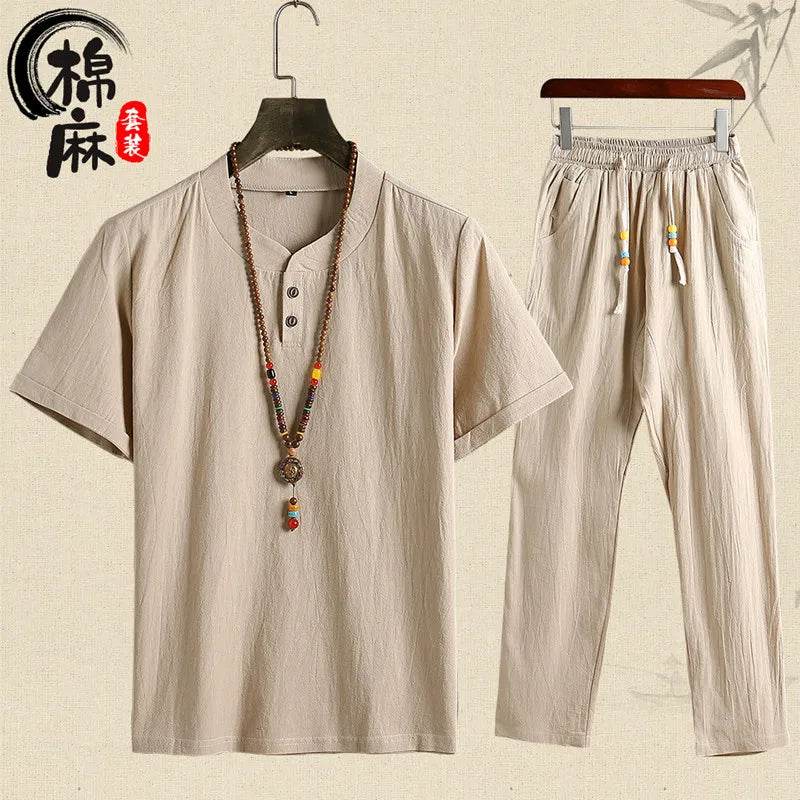 (Shirt + trousers) summer fashion men shirt Man Cotton and linen shirts Short sleeve men's casual shirts men full size M-5XL - AIAZ