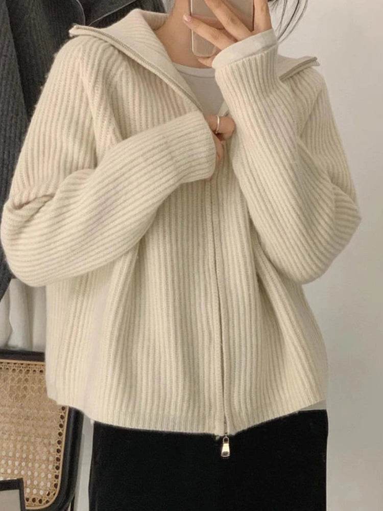 Sweater Cardigan Women Spring New Solid Vintage All-match Elegant Zipper Loose Daily Soft Sweet Simple Casual Knitwear Chic Teen - AIAZ