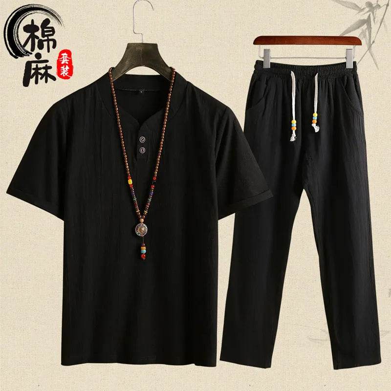 (Shirt + trousers) summer fashion men shirt Man Cotton and linen shirts Short sleeve men's casual shirts men full size M-5XL - AIAZ
