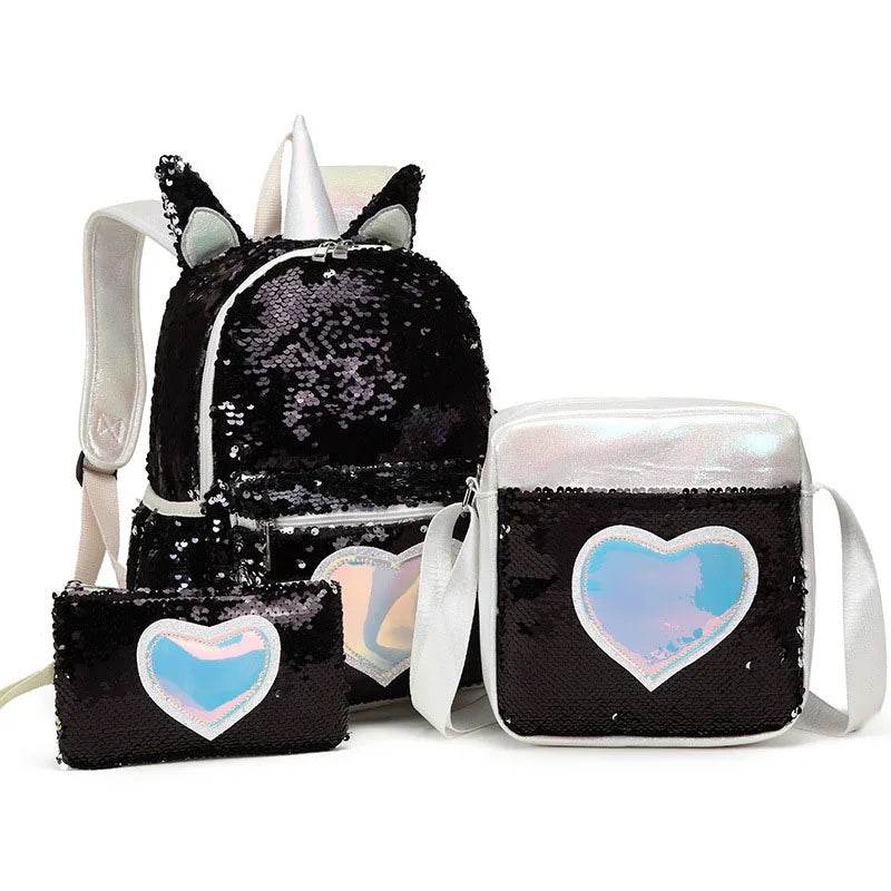 3pcs/set Sequins Unicorn Backpack Fashion Girl Glitter School Book Bag Girls Cute Hologram Laser PU Leather Travel Backpacks - AIAZ
