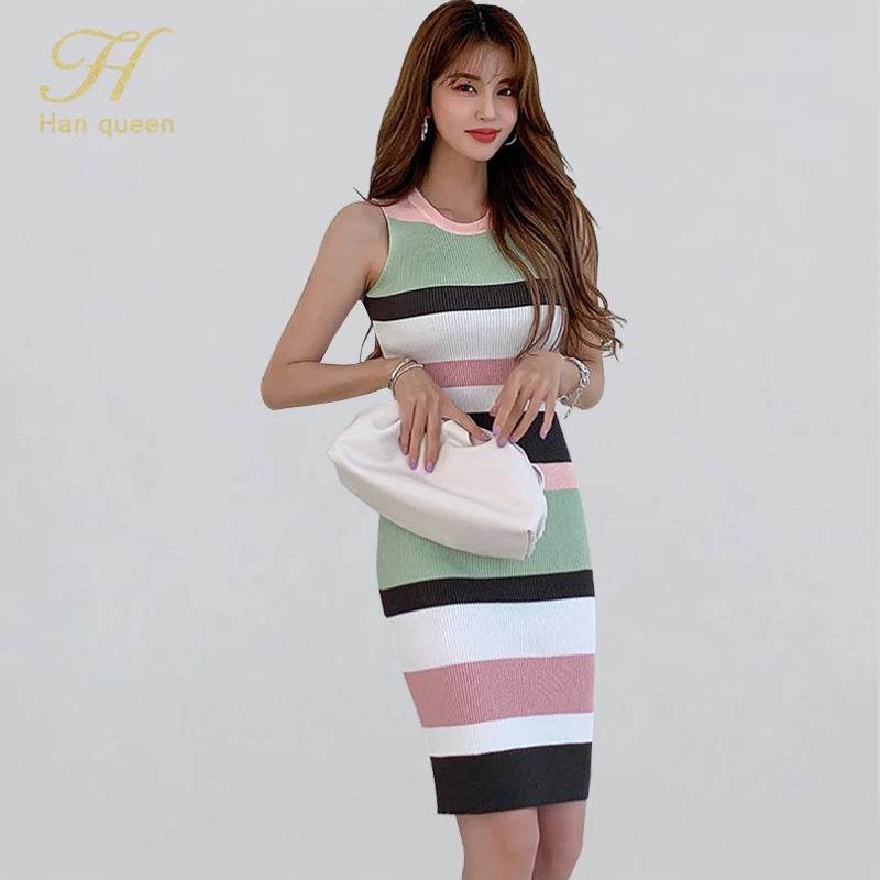 H Han Queen Elegant Occupation Sleeveless Knitted Dress Women Autumn Stretch Striped Bodycon Dresses Wear To Work Pencil Vestido - AIAZ