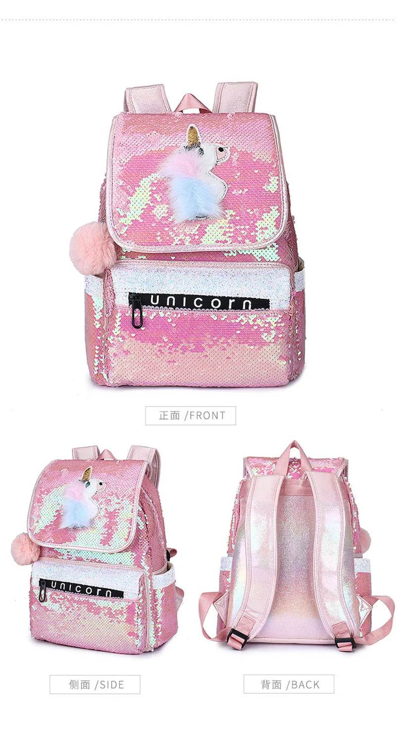 3pcs/set Sequins Unicorn Backpack Fashion Girl Glitter School Book Bag Girls Cute Hologram Laser PU Leather Travel Backpacks - AIAZ