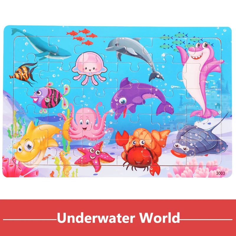 30Pieces Montessori Baby Toys Wooden 3d Puzzle Cartoon Animal Vehicle Cognition Wood Puzzle Learning Educational Toys for Kids
