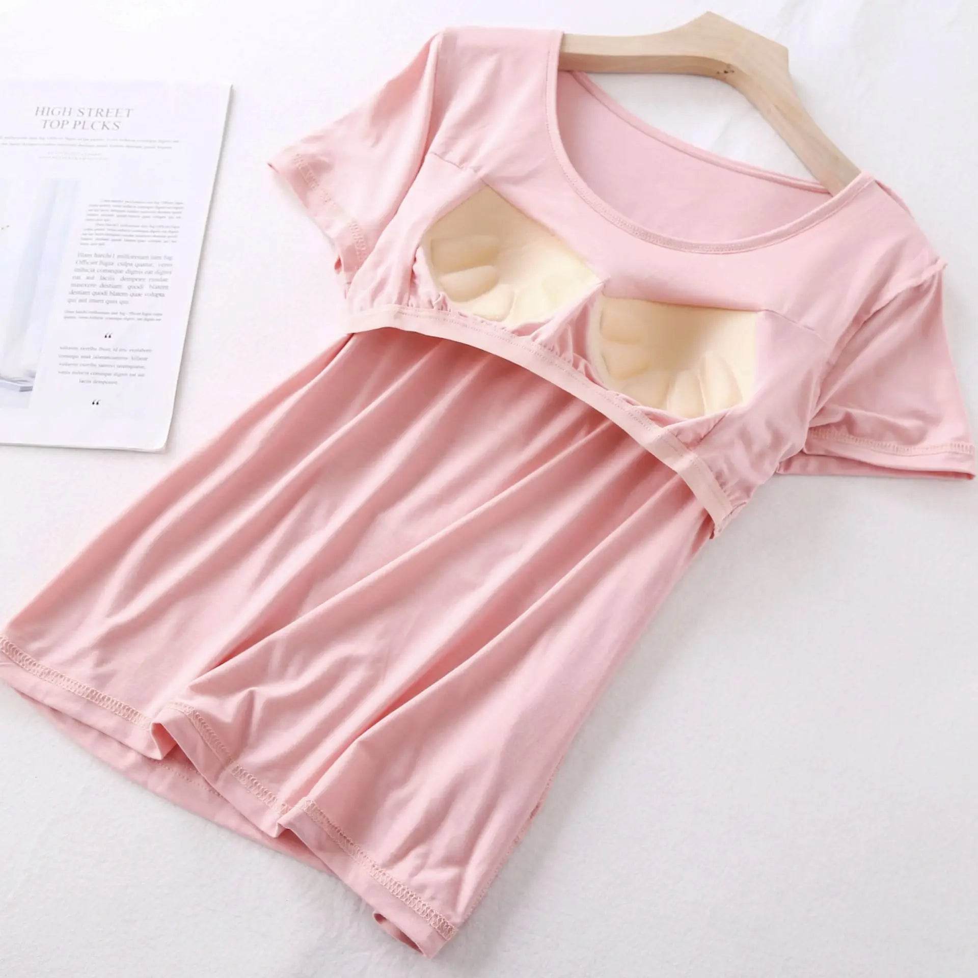 Modal cotton pyjama femme new pijamas women chest pad short sleeve pajamas set large size bra-cup loose shorts sleepwear set - AIAZ