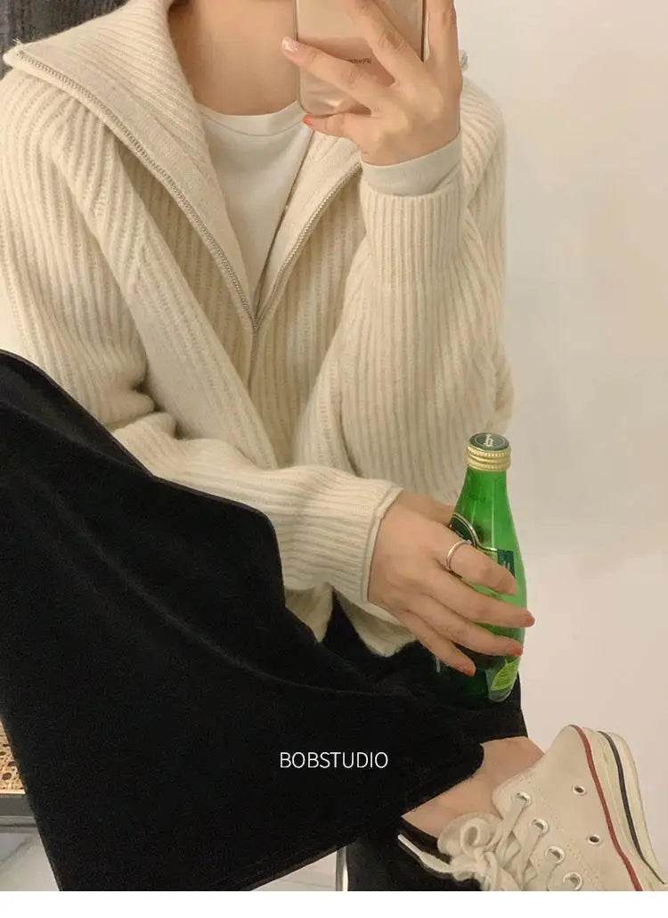 Sweater Cardigan Women Spring New Solid Vintage All-match Elegant Zipper Loose Daily Soft Sweet Simple Casual Knitwear Chic Teen - AIAZ