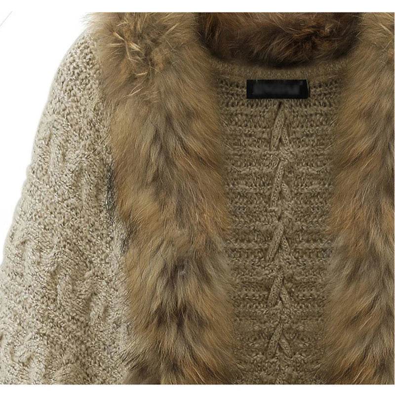 Women Cardigan Sweater Thick Poncho Capes Autumn Winter Femme knitted Bat Sleeve Fur Collar Wool Sweater Knitted Long Cardigan - AIAZ