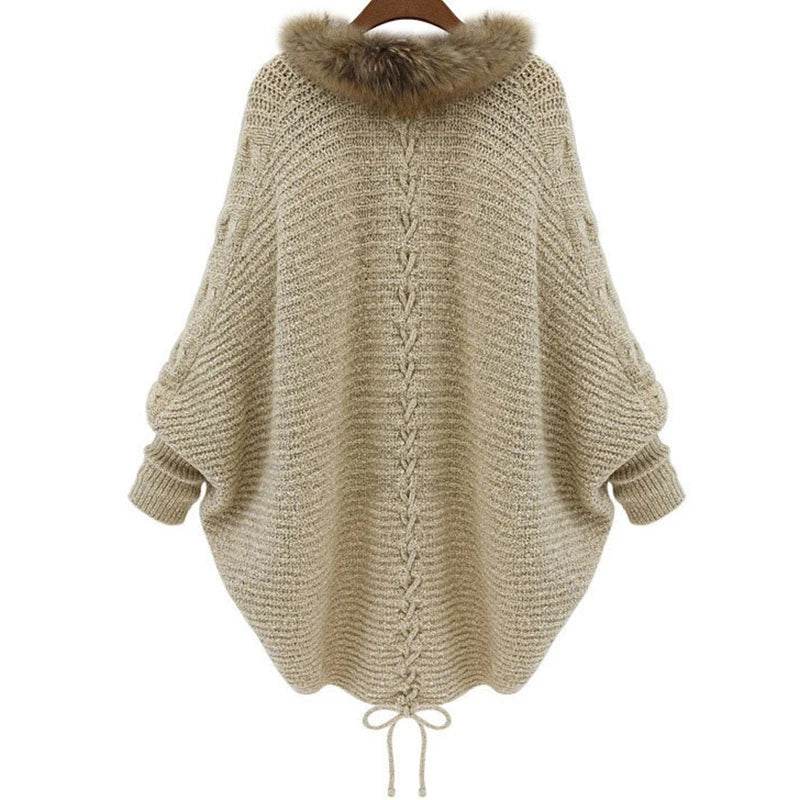 Women Cardigan Sweater Thick Poncho Capes Autumn Winter Femme knitted Bat Sleeve Fur Collar Wool Sweater Knitted Long Cardigan - AIAZ