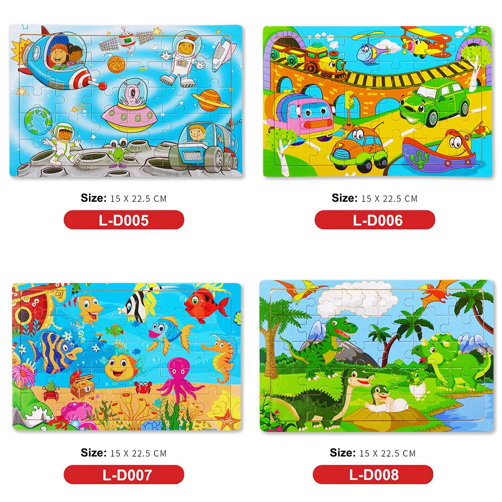 30Pieces Montessori Baby Toys Wooden 3d Puzzle Cartoon Animal Vehicle Cognition Wood Puzzle Learning Educational Toys for Kids