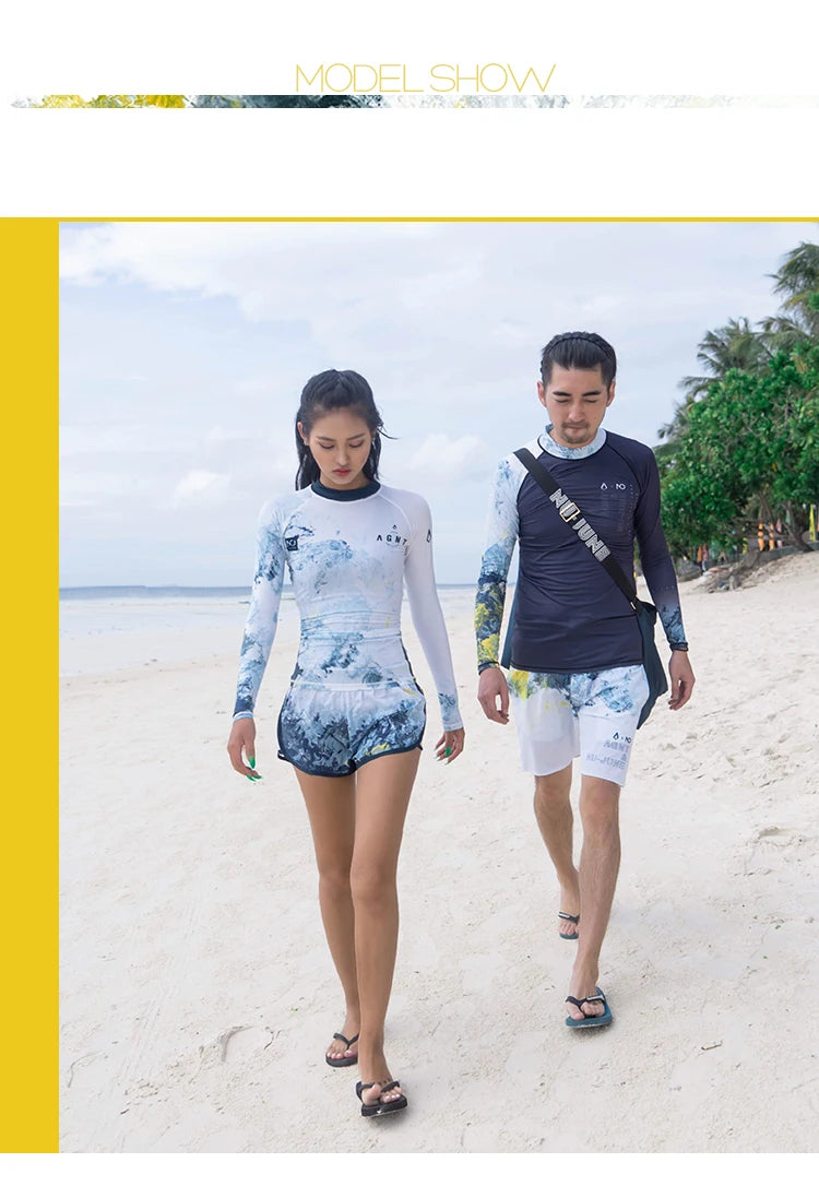 Nu-June Women Long Sleeve Rashguard Swimwear Print Surfing Top Diving Shirt Quick Dry Running Biking Rash Guard UPF50+ Swimsuit