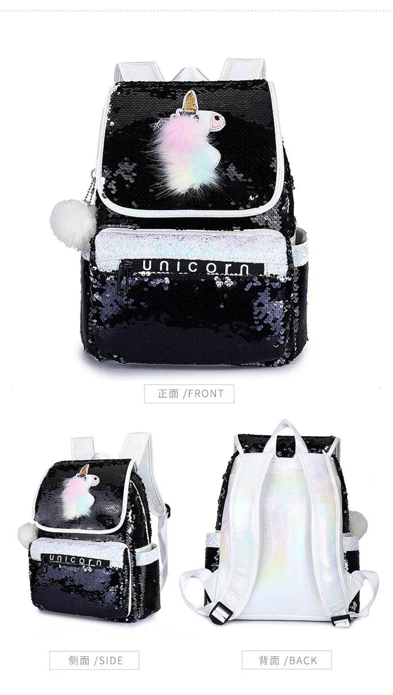 3pcs/set Sequins Unicorn Backpack Fashion Girl Glitter School Book Bag Girls Cute Hologram Laser PU Leather Travel Backpacks - AIAZ