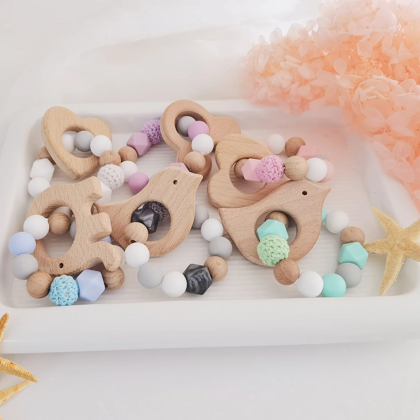 Baby Teether Bracelet Crochet Wood Crafts Engraved Bead Food Grade Silicone Beads Wood Animal Pendant Teething Toys For Rattle