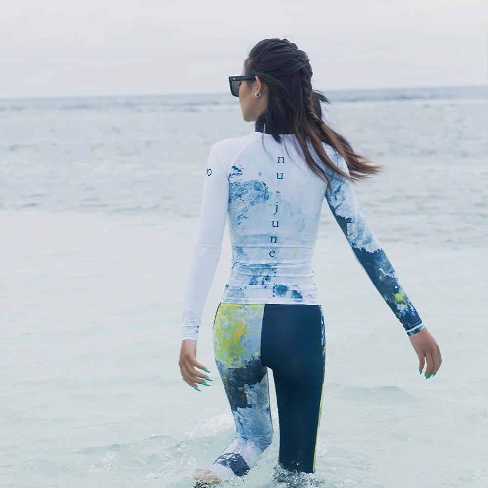 Nu-June Women Long Sleeve Rashguard Swimwear Print Surfing Top Diving Shirt Quick Dry Running Biking Rash Guard UPF50+ Swimsuit