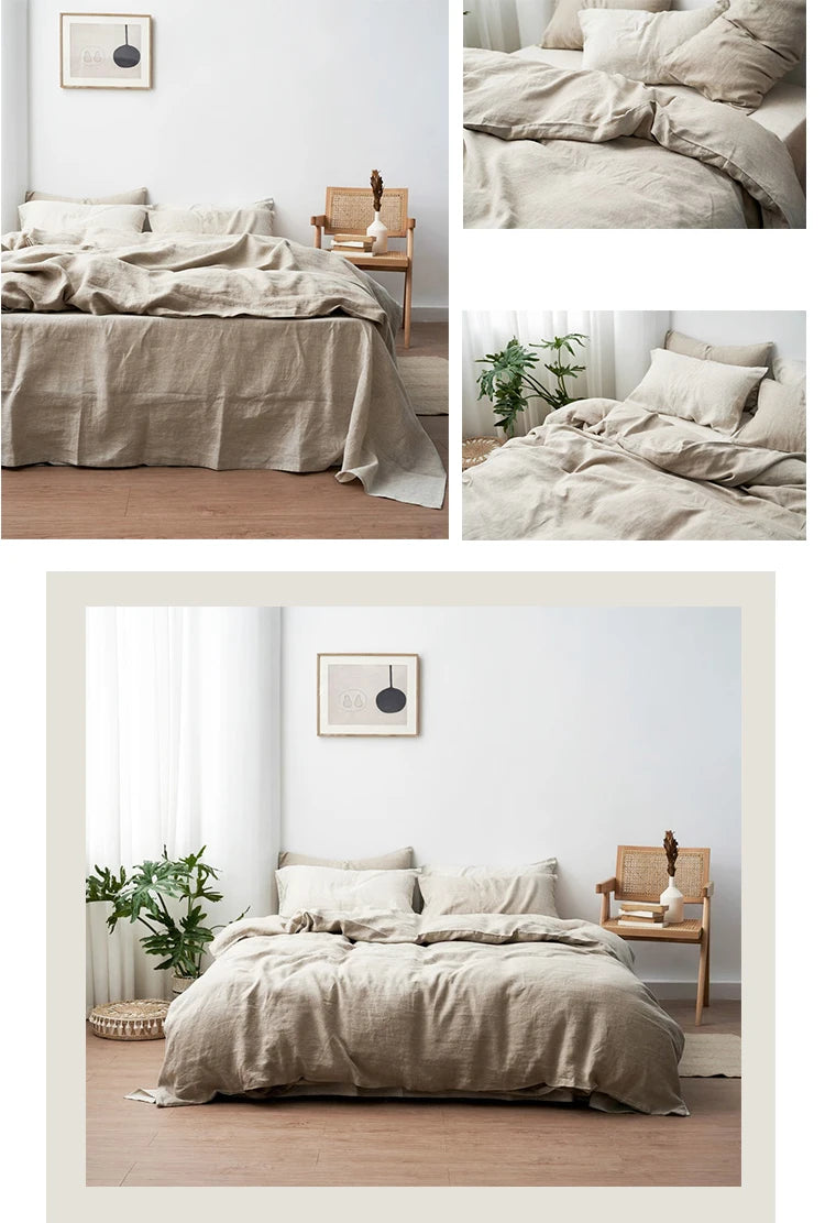 Pure Organic Flax Linen Bedding Set, Including Duvet Cover and 2 Pillow Cover, Bed Linens, Button Or Zipper Quilt Cover King