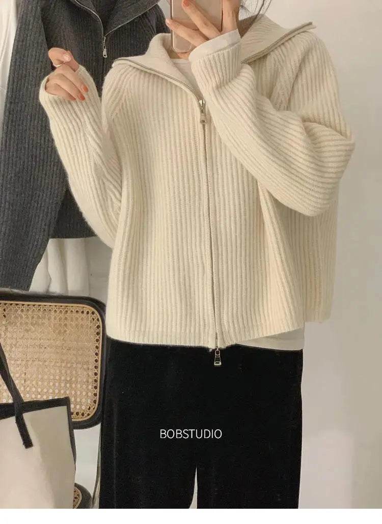 Sweater Cardigan Women Spring New Solid Vintage All-match Elegant Zipper Loose Daily Soft Sweet Simple Casual Knitwear Chic Teen - AIAZ
