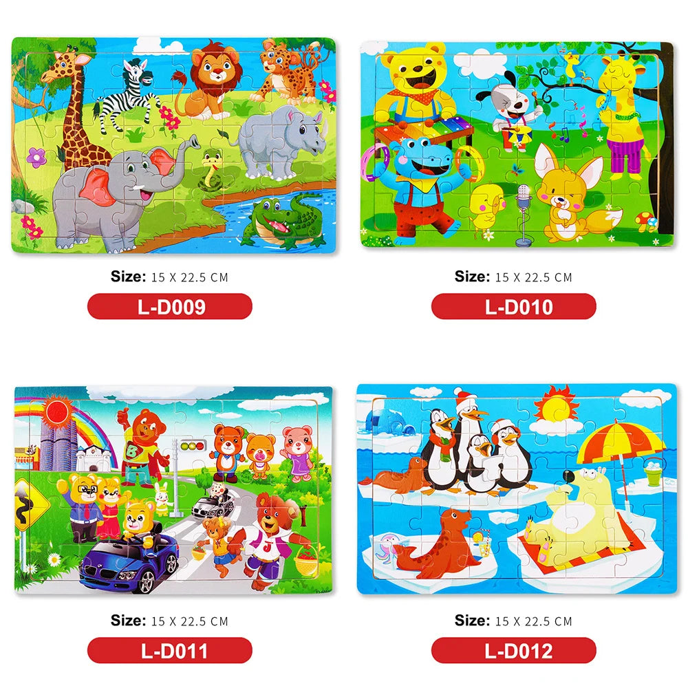 30Pieces Montessori Baby Toys Wooden 3d Puzzle Cartoon Animal Vehicle Cognition Wood Puzzle Learning Educational Toys for Kids