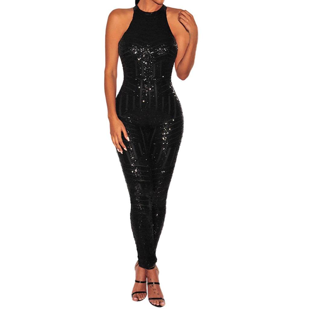 Sequin Off Shoulder Women Jumpsuit O-neck Sleeveless Casual Jumpsuits Rompers Sexy Clubwear Party Playsuits Combinaison Femme - AIAZ