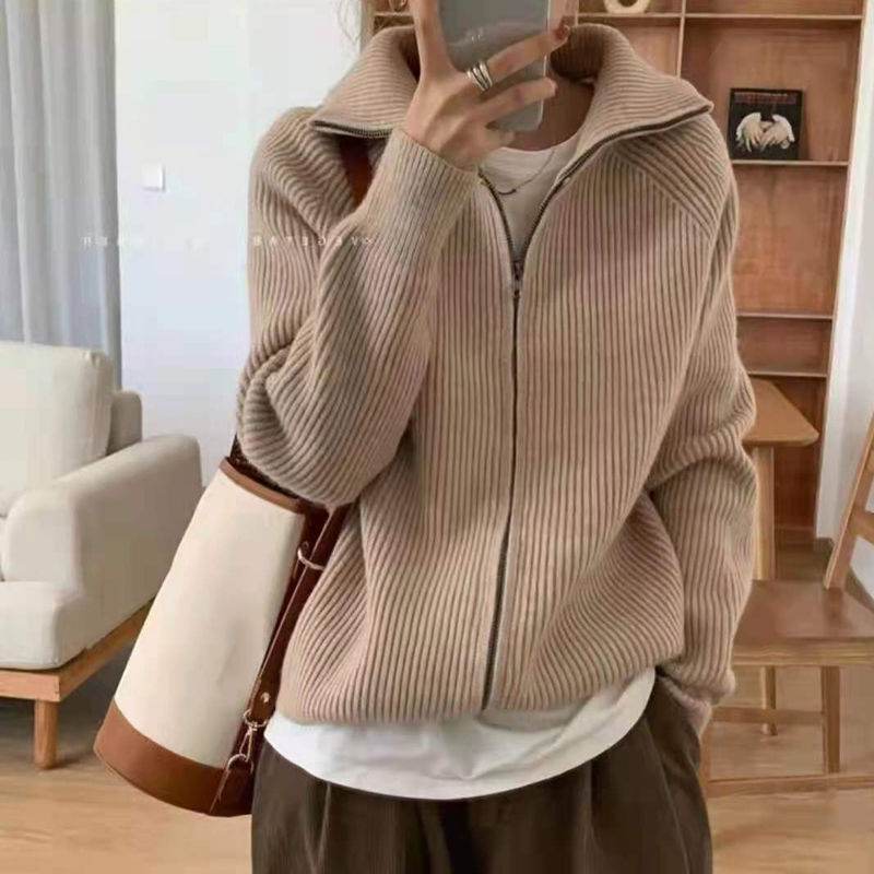 Sweater Cardigan Women Spring New Solid Vintage All-match Elegant Zipper Loose Daily Soft Sweet Simple Casual Knitwear Chic Teen - AIAZ