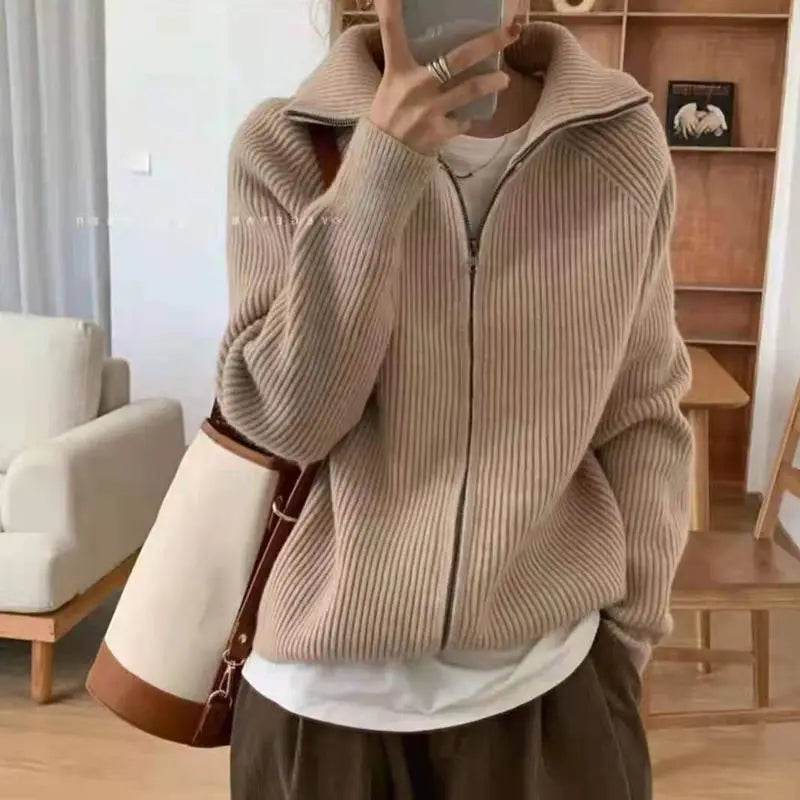 Sweater Cardigan Women Spring New Solid Vintage All-match Elegant Zipper Loose Daily Soft Sweet Simple Casual Knitwear Chic Teen - AIAZ
