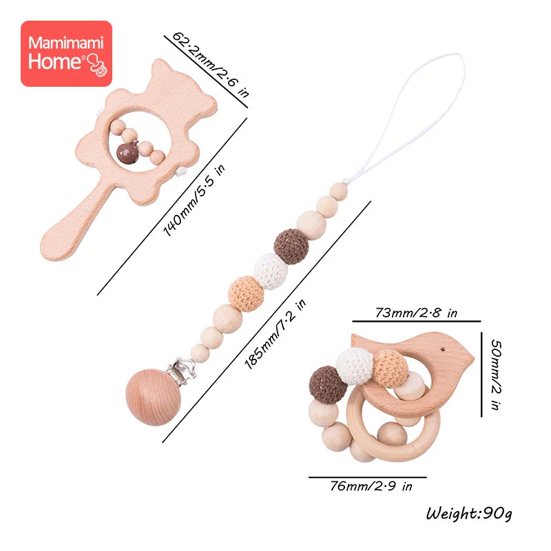 1 Set Baby Wooden Teether Crochet Beads Pacifier Chain Clip Wood Elephant Teething Bracelet Music Rattle Montessori Baby Product