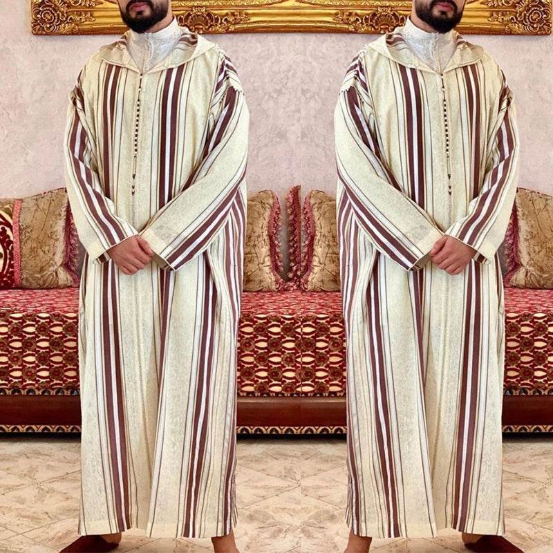 New Fashion Dubai Casual Kaftan Robe Stripes Muslim Dresses Abaya Shirt for Mens - AIAZ