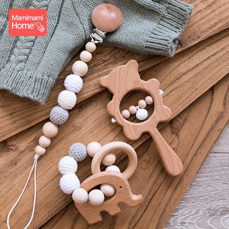 1 Set Baby Wooden Teether Crochet Beads Pacifier Chain Clip Wood Elephant Teething Bracelet Music Rattle Montessori Baby Product