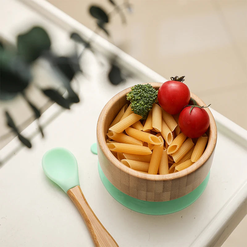 Baby Feeding Bowl Food Tableware Kids Wooden Training Plate Silicone Suction Cup Removable Wooden Fork Spoon Children's Dishes
