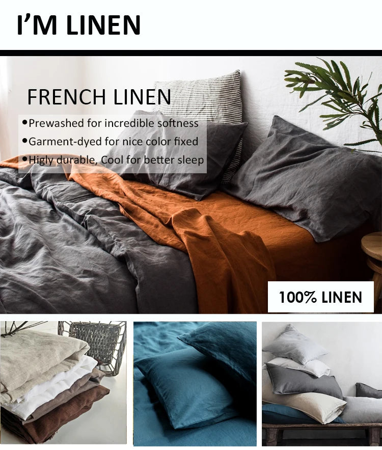 Pure Organic Flax Linen Bedding Set, Including Duvet Cover and 2 Pillow Cover, Bed Linens, Button Or Zipper Quilt Cover King
