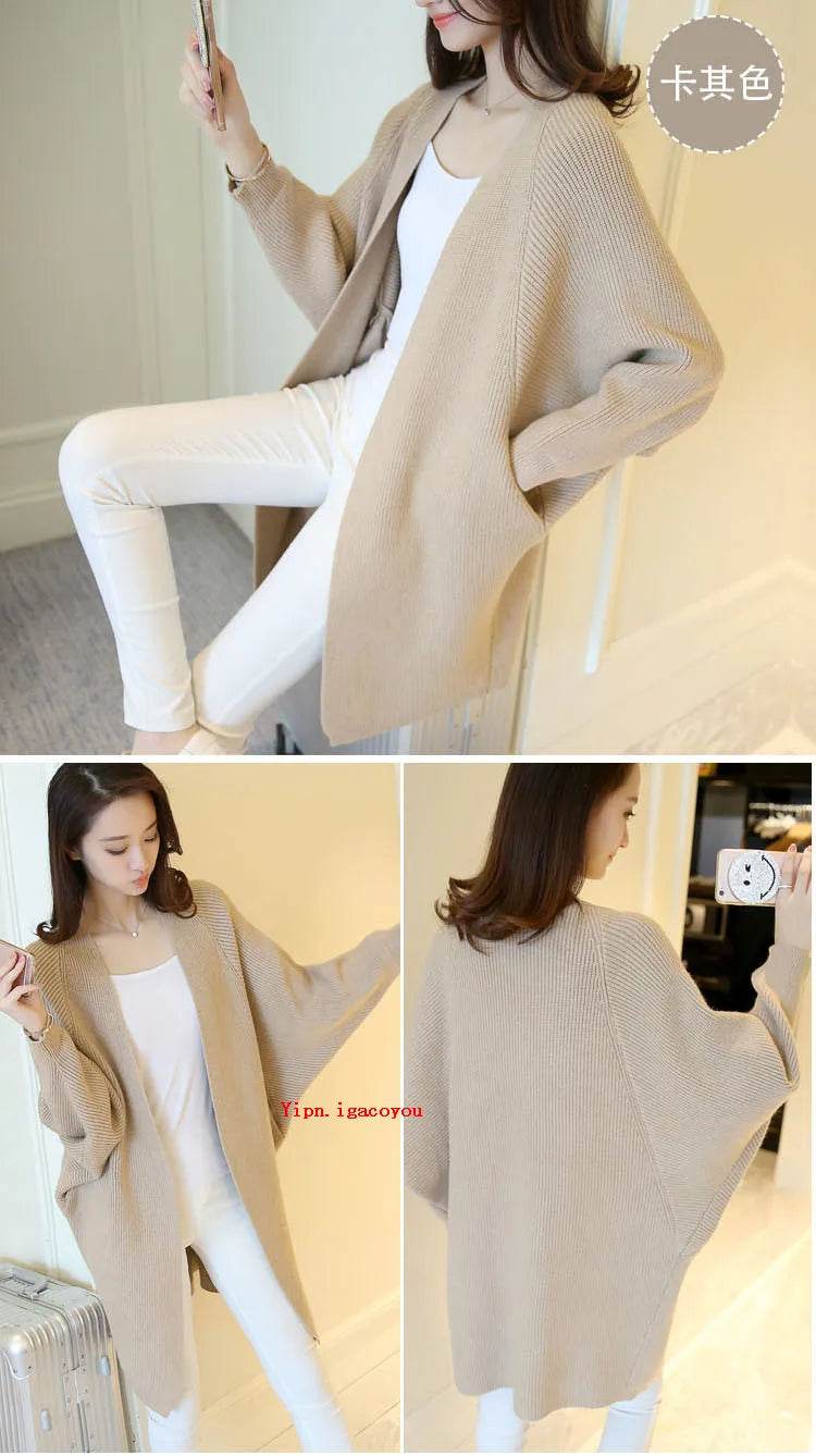 2023 Long Cardigan Women Sweater Autumn Winter Bat Sleeve Knitted Sweater Femme Jacket Loose Ladies Sweaters Cardigans New - AIAZ