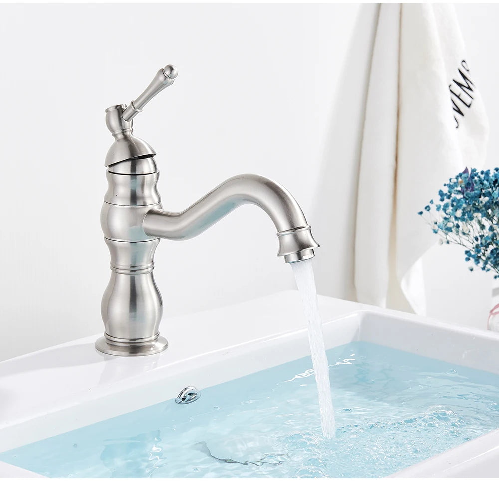 POIQIHY Antique Brass Basin Vessel Sink Faucet Deck Mounted One Hole Cold Hot Water Cold Hot Mixer Tap Bathroom Faucet  1 Hole