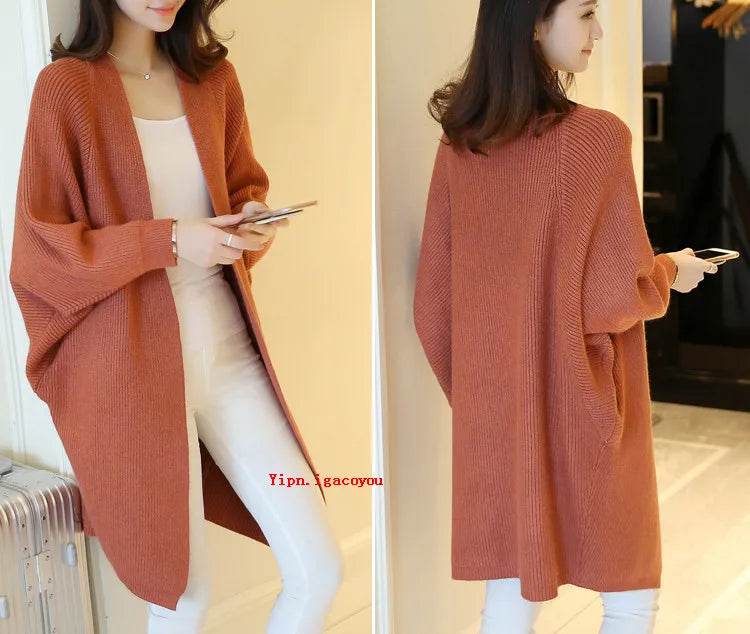 2023 Long Cardigan Women Sweater Autumn Winter Bat Sleeve Knitted Sweater Femme Jacket Loose Ladies Sweaters Cardigans New - AIAZ