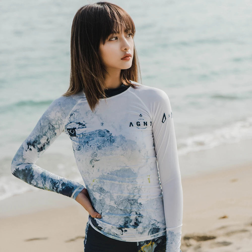 Nu-June Women Long Sleeve Rashguard Swimwear Print Surfing Top Diving Shirt Quick Dry Running Biking Rash Guard UPF50+ Swimsuit