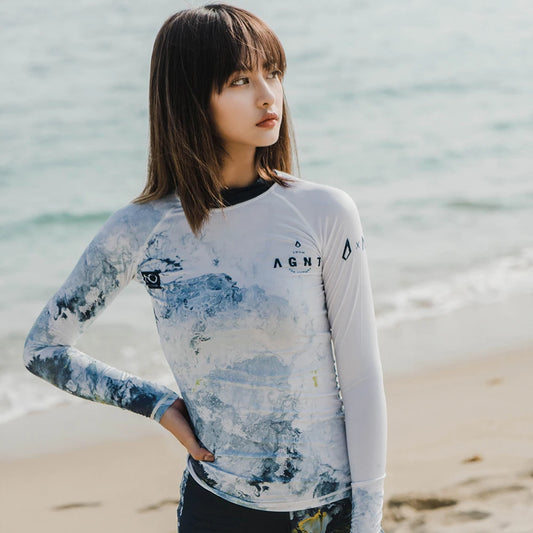 Nu-June Women Long Sleeve Rashguard Swimwear Print Surfing Top Diving Shirt Quick Dry Running Biking Rash Guard UPF50+ Swimsuit