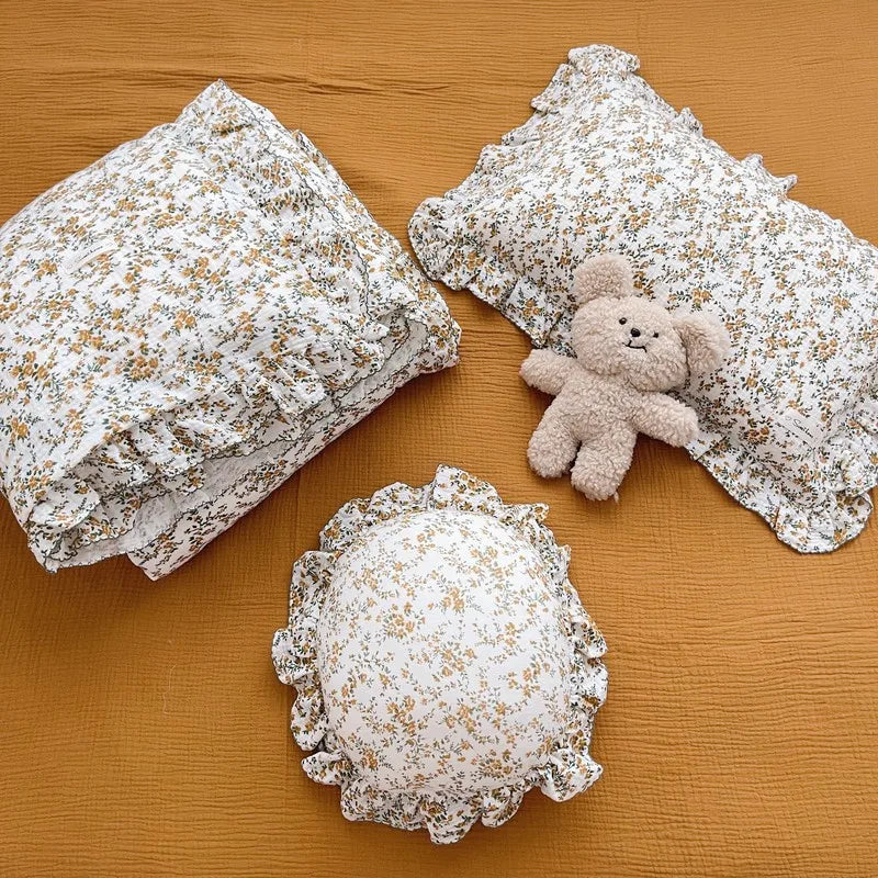 Korean Vintage Floral Printed Ruffled Cotton Baby Duvet Cover Kids Children Infant Cot Crib Duvet Covers Quilt Cover Bedding