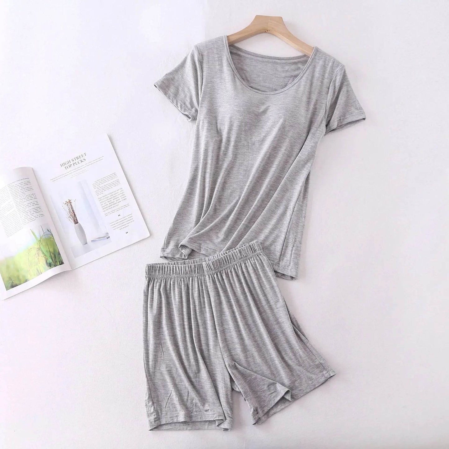 Modal cotton pyjama femme new pijamas women chest pad short sleeve pajamas set large size bra-cup loose shorts sleepwear set - AIAZ