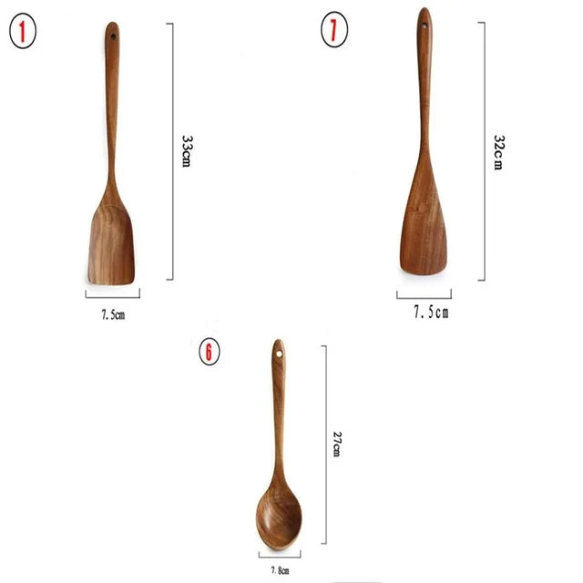 Thailand Teak Natural Wood Tableware Spoon Ladle Turner Long Rice Colander Soup Skimmer Cooking Spoons Scoop Kitchen Tool Set