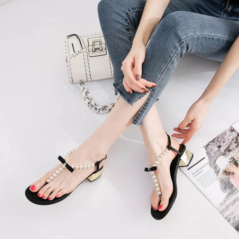 Sandals women 2019 new summer Toe thick heel Net red versatile pinch Pearl sandals Flip-flop sandals - AIAZ