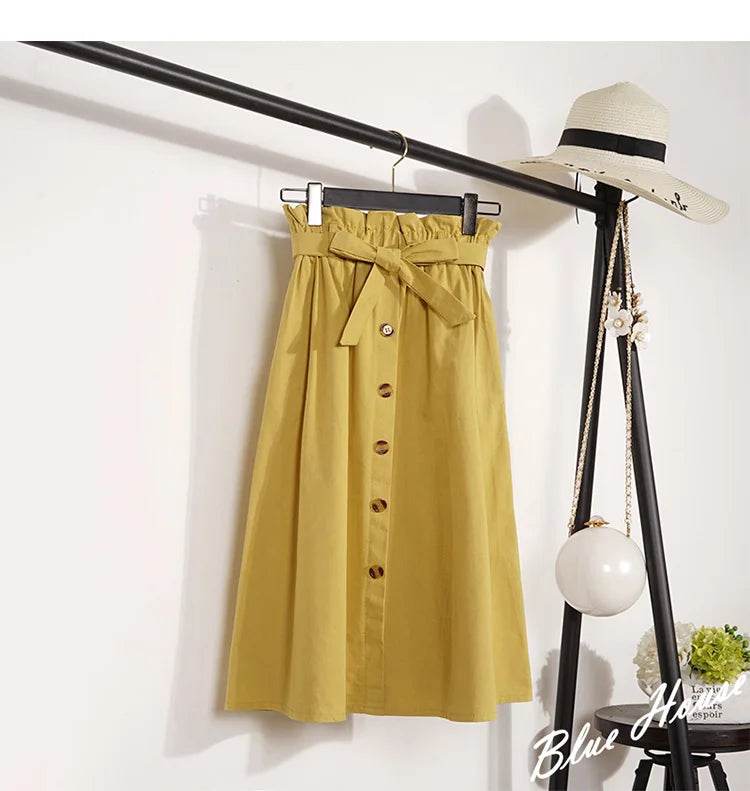 Summer Autumn Skirts Womens Midi Knee Length Korean Elegant Button High Waist Skirt Female Pleated School Skirt - AIAZ