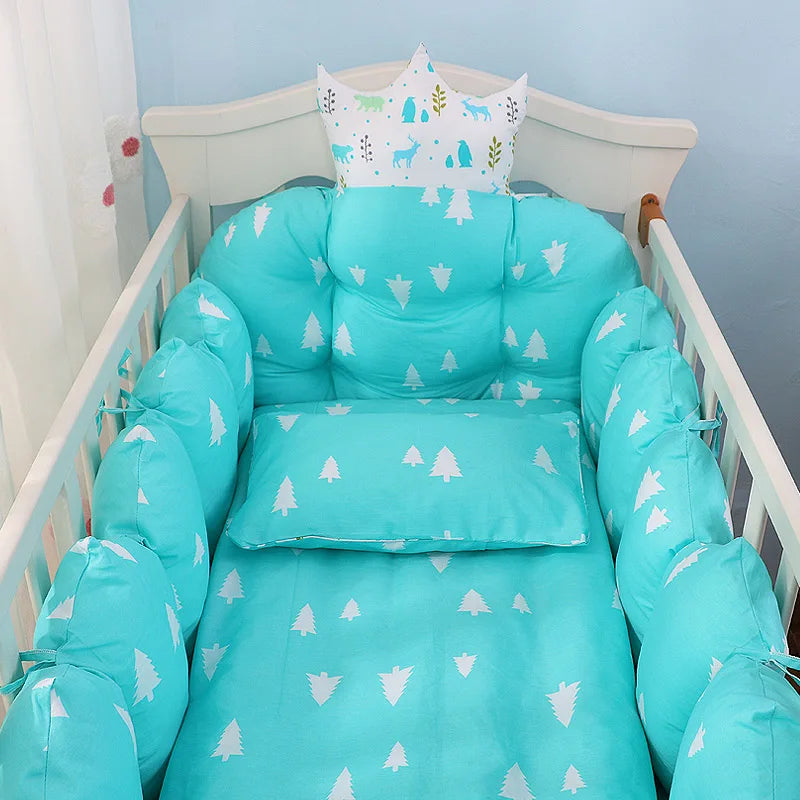 100% Cotton Crib Bed Linen Kit,Crown Design Baby Crib Bedding Set,Baby Bedding Set Includes Bumpers+Pillow+Quilt+Mattress cover