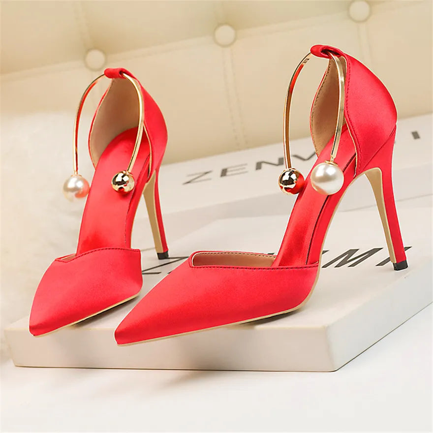 2025 New Elegant Pearl Metal Buckle High Heels Women Sandals Korean Fashion Soft Silk Pointed Ladies Shoes Party Sandals Shallow