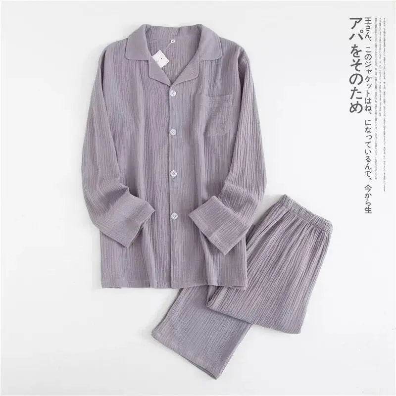 Solid Breathable Lovers 100% Cotton Crepe Pajamas Sets Women Men Autumn Long Sleeve Fresh Soft Pijama Mujer Casual Pyjamas - AIAZ